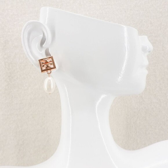 Tory Burch Square Logo Pearl Drop Earrings Rose Gold OS - Picture 12 of 12
